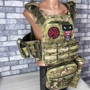 Ukrainian Multicam Plate Carrier with pouches and bags. Multicam Body Armor. A set of airsoft equipment.
