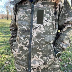 Ukrainian Tactical Softshell Jacket. Combat Hooded Jacket. Outdoor Windproof Jacket. Pixel MM14 Army Zipped Jacket. Airsoft gear.
