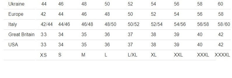 May include: A white size chart with size conversions for Ukraine, Europe, Italy, Great Britain, and the USA. Sizes range from XS to XXXXL, with corresponding numerical values for each region's sizing system.