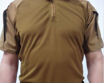 Tactical Combat T-Shirt. Ukrainian Army Polo Shirt. Coyote Military Shirt. Army T-shirt with Velcro on the sleeves. Brown T-Shirt