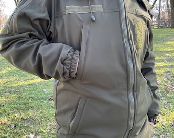 Ukrainian Tactical Softshell Jacket. Combat Hooded Jacket. Outdoor Windproof Jacket. Olive Army Zipped Jacket. Airsoft gear.