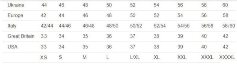 Puede incluir: Tabla de conversi&oacute;n de tallas para ropa, que muestra las tallas en Ucrania, Europa, Italia, Gran Breta&ntilde;a y Estados Unidos. La tabla tambi&eacute;n incluye las tallas correspondientes en XS, S, M, L, XL, XXL, XXXL y XXXXL.