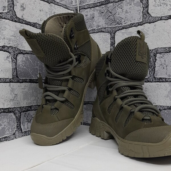 Ukrainian coat of arms. Military/Work Tactical Boots PTNPNX C001.  Olive camouflage army boots. Natural Leather Combat Boots.