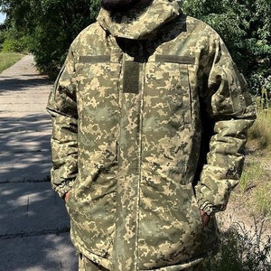 Ukrainian original combat jacket. Tactical pixel mm14 military uniform of the Ukrainian army with a hood.