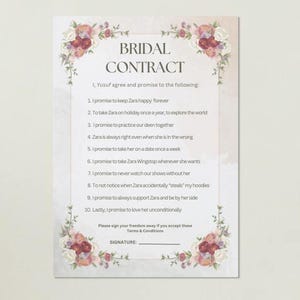Puede incluir: Un contrato de boda con detalles florales. El texto dice "CONTRATO NUPCIAL" seguido de promesas. El contrato incluye un espacio para una firma y el texto "Por favor, firme su libertad si acepta estos Términos y Condiciones".