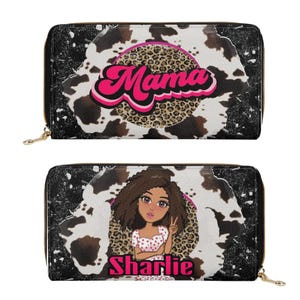 Cartera de piel sintética con estampado de vaca y cremallera, personalizada, con dibujo y nombre, color negro, para mamás.