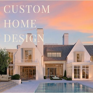 May include: An architectural rendering of a custom home design. The image features a large white house with a pool, set against a sunset sky. Text on the image reads "CUSTOM HOME DESIGN" and "@lemaisondesign".