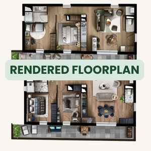 May include: A rendered floor plan of a two-story apartment with a balcony. The top floor has a bedroom, bathroom, and living room. The bottom floor has a bedroom, bathroom, and dining room. The balcony has a table and chairs.