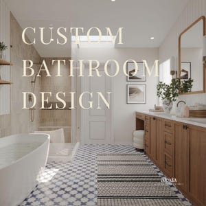 Puede incluir: Diseño de baño moderno con bañera blanca, ducha de cristal y mueble de baño de madera con encimera de mármol. El suelo tiene un patrón de baldosas azules y blancas, y el texto "CUSTOM BATHROOM DESIGN" es visible.