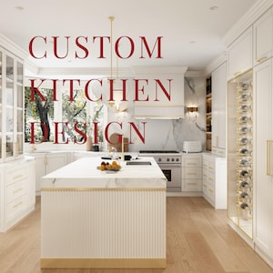 May include: A modern white kitchen with gold detailing. The image shows a large island with a marble worktop, a cooker, and bespoke cabinets. The words "CUSTOM KITCHEN DESIGN" are displayed in red across the top of the image.