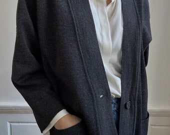 Vintage Anne Klein 100% wol donkergrijze minimalistische lange gebreide vest trui met zakken | Gemaakt in Italië
