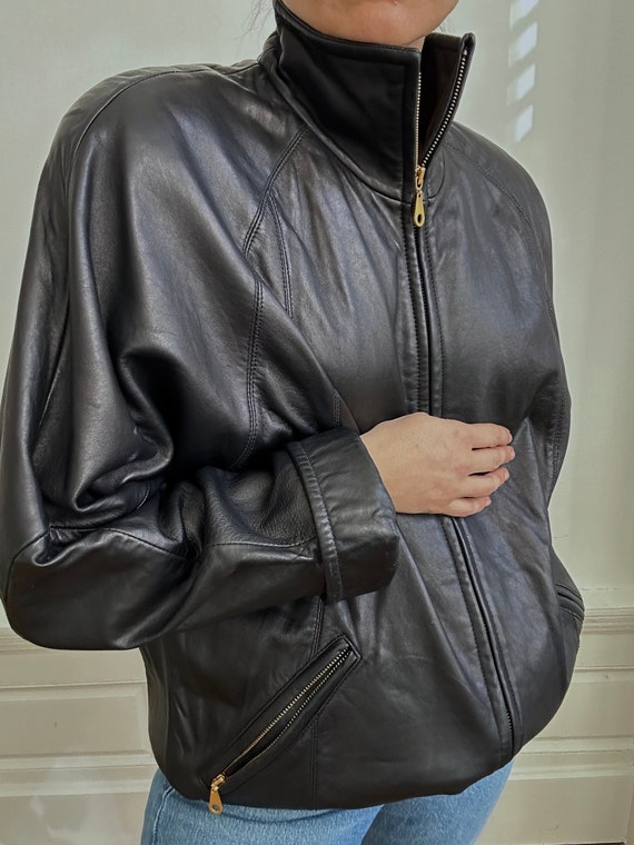 Vintage Black Leather Oversized Zip Front Jacket