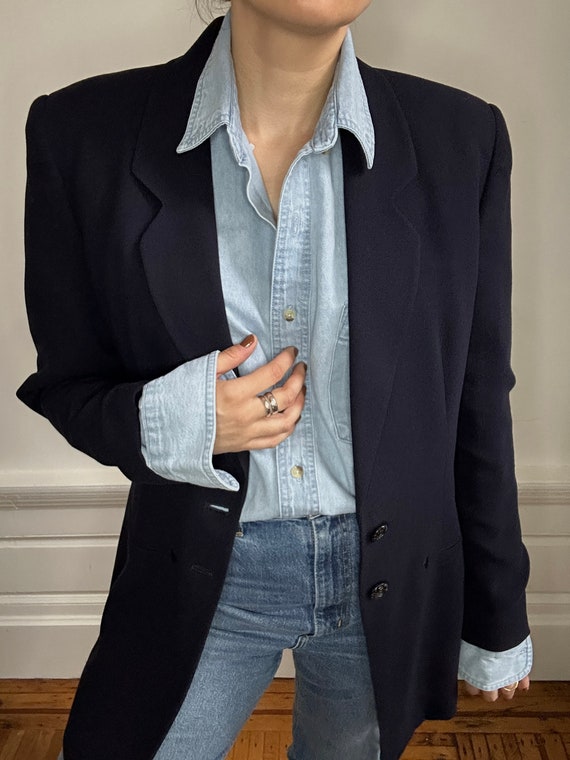 Vintage 90s Navy Blue Long Minimalist Blazer - image 3