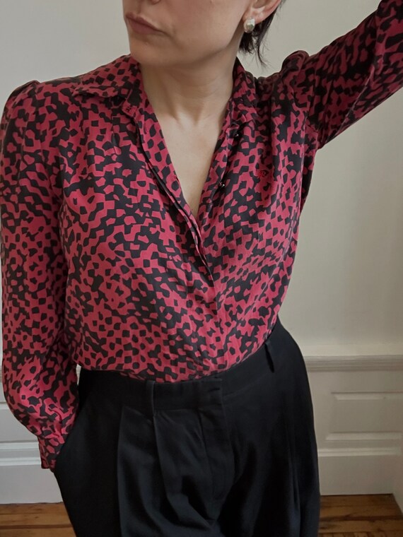 Vintage Nina Ricci Red and Black Silk Blouse