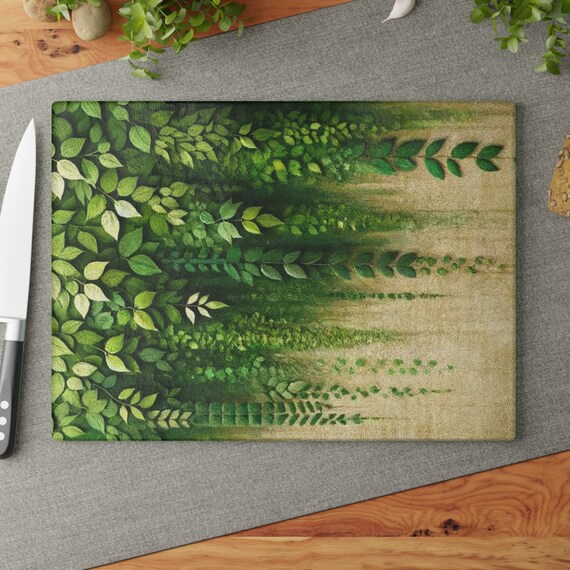 Glasschneidebrett, Charcuterie Board, Glasbrett, 11 x 15 Glasbrett, natürlicher Stil, schöne Blätter auf Glasbrett, Geschenke für Frauen