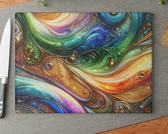 May include: Abstract art cutting board with swirling patterns in shades of blue, green, gold, and orange.