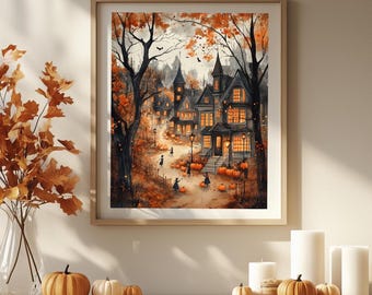 May include: A watercolor painting of a spooky Halloween scene with a row of houses with lit windows and children trick-or-treating. The houses are surrounded by fall foliage and pumpkins.