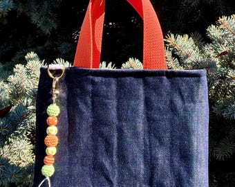 Quilted Denim Book Tote Bag with Bag Charm, Small Handbag for Book Lovers, Cute Mini Reader Purse, Rainbow and Orange