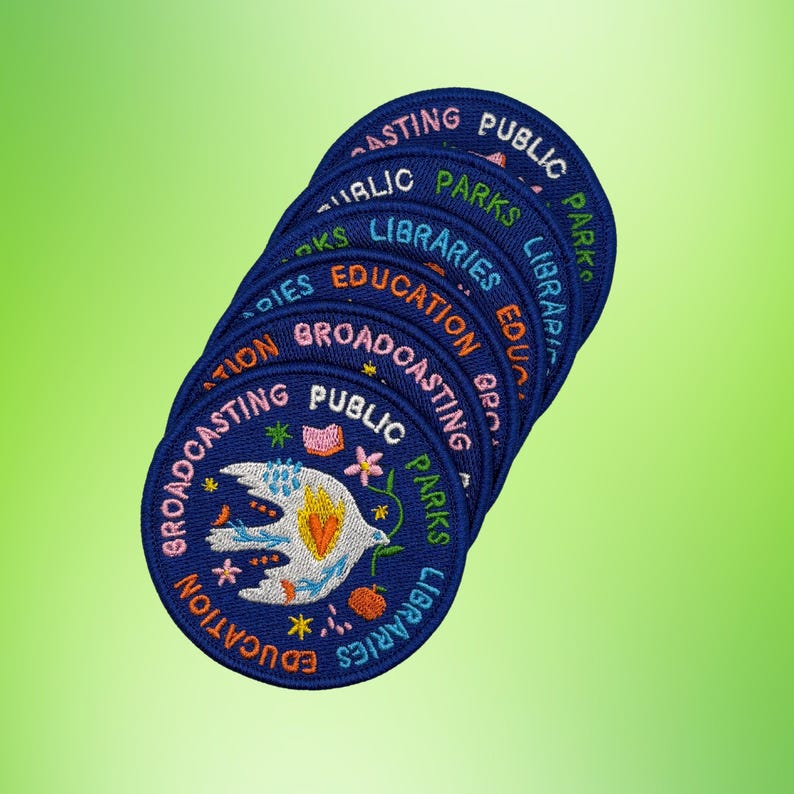 Public Parks Libraries Education Broadcasting Patch • 3" Round Embroidered Patch with Dove • Progressive Patch • Pro Public Goods Badge imagem 5
