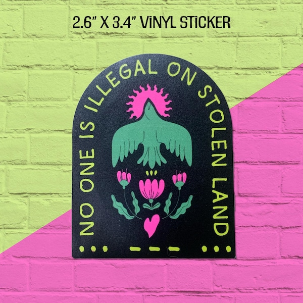 Pegatina "Nadie es ilegal en tierras robadas" – Pro inmigración, pro decencia, pro compasión – Pájaros y flores – Código Morse SOS – Vinilo
