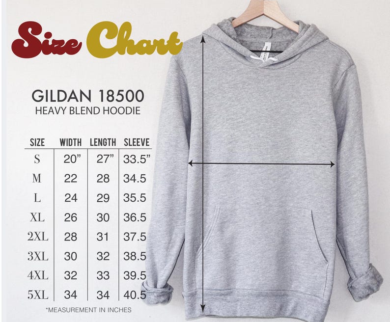 Pode incluir: Um moletom cinza claro Gildan 18500 Heavy Blend em um cabide de madeira. A imagem inclui uma tabela de tamanhos com medidas em polegadas para largura, comprimento e comprimento da manga, variando do tamanho S ao 5XL. A largura do tamanho S &eacute; de 50,8 cm.