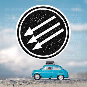 May include: A black and white graphic with three downward-pointing arrows inside a circle, above a small blue car with a roof rack. The word "EQUALITEE" is repeated in the background.