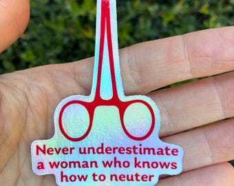 Never Underestimate a Woman Who Knows How to Neuter Sticker Holographic Fun Feminist Vet Tech Gift Animal Rescue Humor Empowering Pet Lover