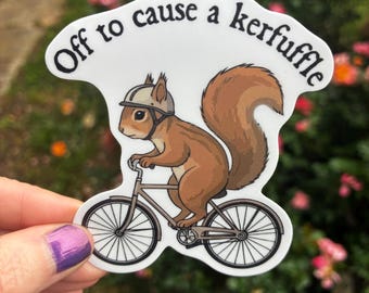 Off to Cause a Kerfuffle Sticker – Cute Squirrel on Bike Decal – Funny Protest Sticker – Cottagecore Activist Humor – Progressive Gift Idea