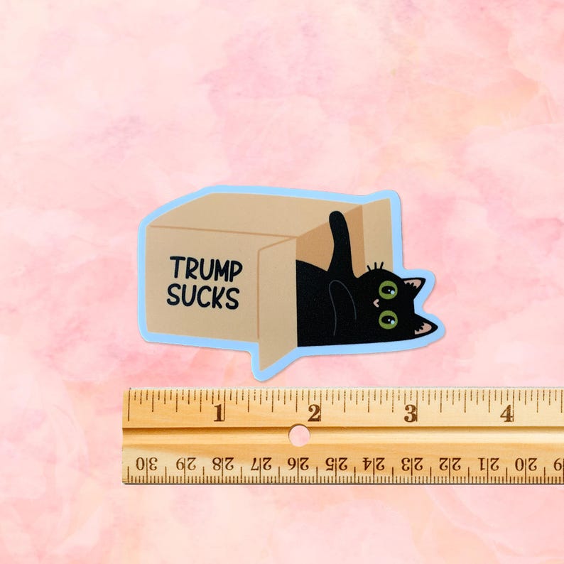 May include: A black cat with green eyes peeks out of a cardboard box with the text "TRUMP SUCKS" printed on it. The cat is upside down in the box.