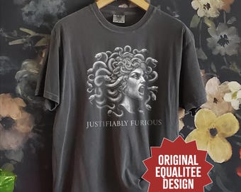 Justifiably Furious, Medusa Comfort Colors T-Shirt, Bold Greek Mythology Tee for Feminist Rage, Retro Style & Empowerment, Anti-Trump Shirt