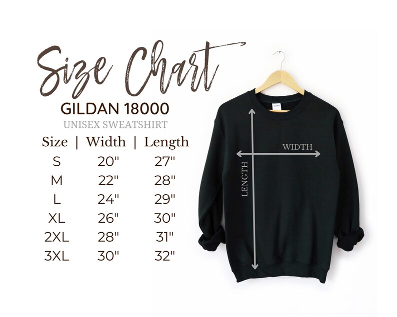 K&ouml;nnte beinhalten: Gr&ouml;&szlig;entabelle f&uuml;r ein Gildan 18000 Unisex-Sweatshirt. Die Tabelle zeigt die Breite und L&auml;nge in Zoll f&uuml;r die Gr&ouml;&szlig;en S, M, L, XL, 2XL und 3XL.