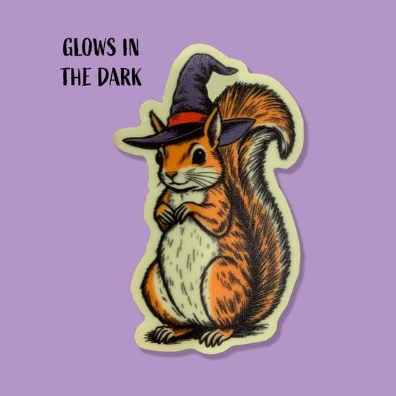 Glow-in-the-dark Squirrel Witch Sticker – Spooky and Magical