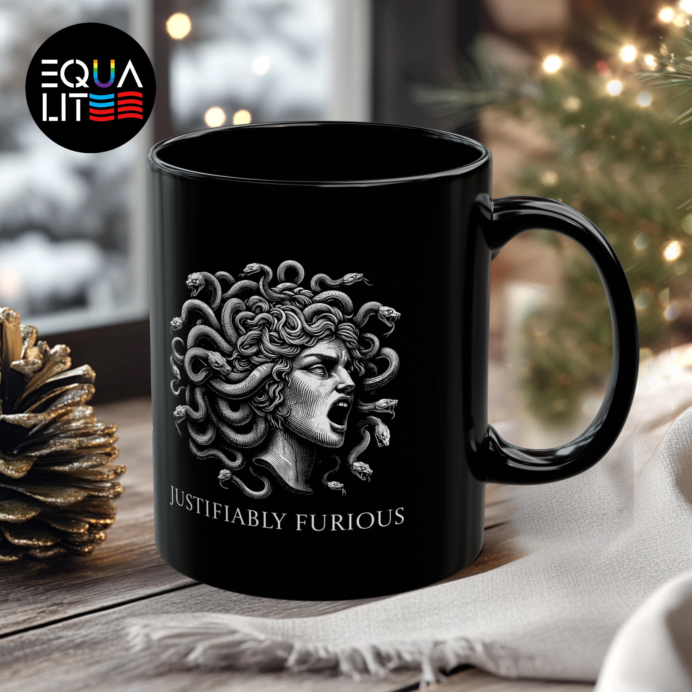 Justifiably Furious Medusa Mug - Empowering 11oz Black Coffee Mug, Greek Mythology Gift, Feminist Statement Mug for Bold Women