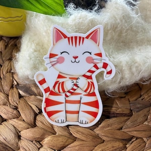 Christmas Tabby Cat Sticker Peppermint Striped Cute Cat Vinyl Decal Holiday Planner Sticker Cat Lover Christmas Gift Kawaii Stocking Stuffer