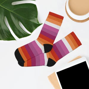 Lesbian Flag Pride Socks - Subtle LGBTQ+ Expression | Striped Lesbian Flag Colors | Comfortable, Eco-Friendly Crew Socks