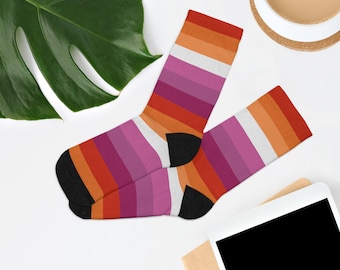 Lesbian Flag Pride Socks - Subtle LGBTQ+ Expression | Striped Lesbian Flag Colors | Comfortable, Eco-Friendly Crew Socks