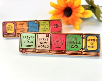 Banned Books Wooden Hair Clips  Progressive Literary Gift for Librarians & Readers | Laser Engraved Hand Painted Cherry Wood Barrettes