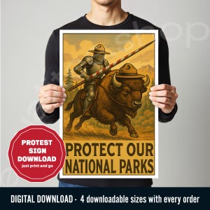 Protect Our National Parks Poster - Vintage WPA Style Protest Print - Jousting Knight & Buffalo Digital Download Wall Art