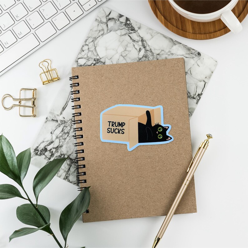 May include: A black cat with green eyes peeks out of a cardboard box with the text "Trump Sucks" printed on it. The sticker is on a brown notebook with a spiral binding.
