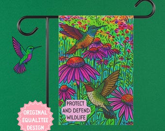 Hummingbirds and Wildflowers Garden Flag, Protect and Defend Wildlife, Echinacea Outdoor Decor, Bright Colorful 12x18 Flag, Pollinator Sign