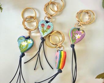 Handmade and Hand Painted Subtle Pride Flower & Rainbow Heart Keychain / Bag Charm