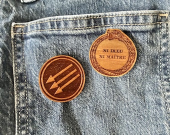 Ni Dieu Ni Maitre Ouroboros and Iron Front Three Arrows | Anarchist & Anti-Fascist Wooden Lapel Pins Cherry Wood Pins | Handmade