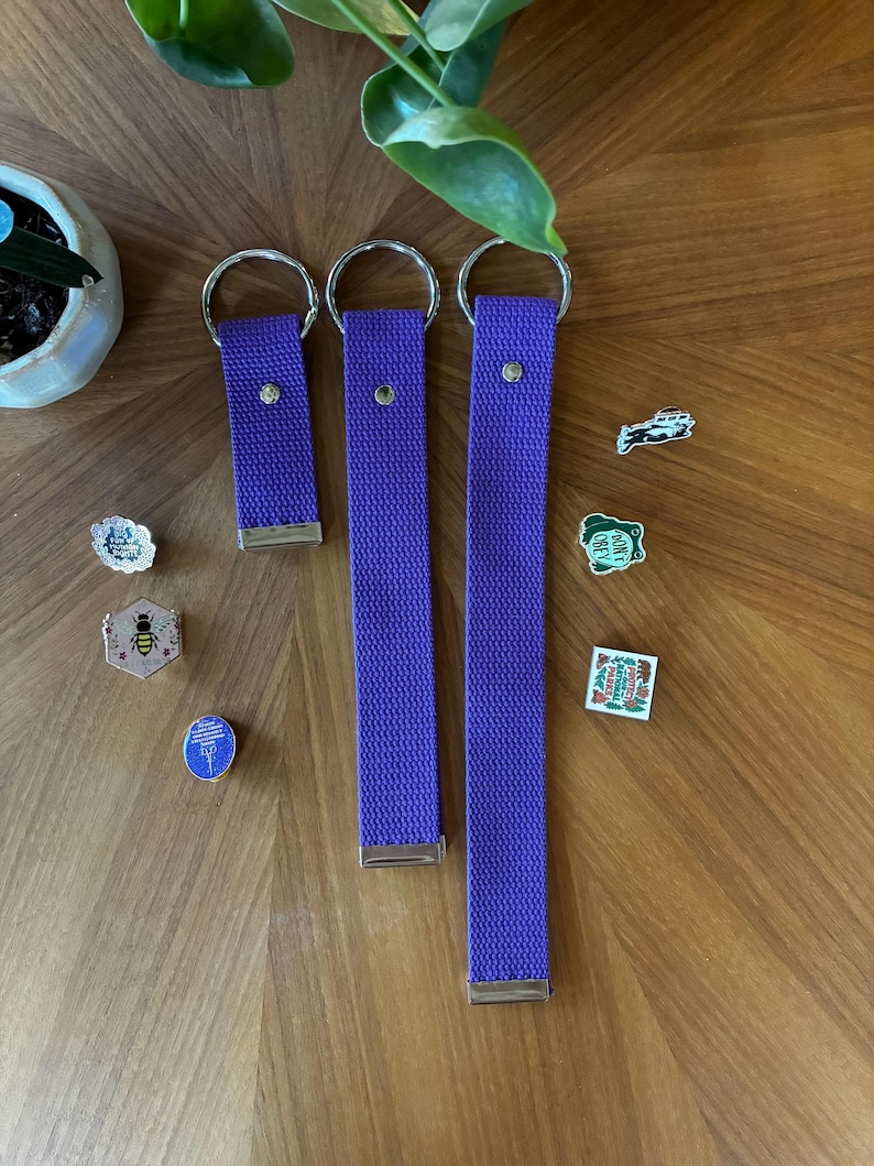May include: Three purple fabric key fobs of varying lengths, each featuring a silver-toned metal ring at the top and a silver-toned metal clamp at the bottom. Six assorted enamel pins are arranged around the key fobs, including designs of a bee, a frog, and text.