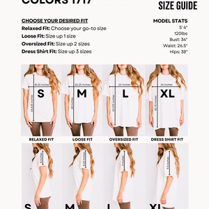 K&ouml;nnte beinhalten: Gr&ouml;&szlig;entabelle f&uuml;r Comfort Colors 1717 T-Shirts. Die Tabelle zeigt die Ma&szlig;e f&uuml;r die Gr&ouml;&szlig;en S, M, L und XL, mit Relaxed Fit, Loose Fit, Oversized Fit und Dress Shirt Fit. Die Modelldaten sind 163cm, 54kg, 86cm Brustumfang, 67cm Taillenumfang und 97cm H&uuml;ftumfang.