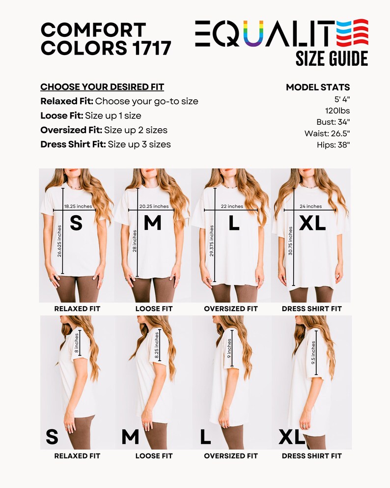 K&ouml;nnte beinhalten: Gr&ouml;&szlig;entabelle f&uuml;r Comfort Colors 1717 T-Shirts. Die Tabelle zeigt die Ma&szlig;e f&uuml;r die Gr&ouml;&szlig;en S, M, L und XL, mit Relaxed Fit, Loose Fit, Oversized Fit und Dress Shirt Fit. Die Modelldaten sind 163cm, 54kg, 86cm Brustumfang, 67cm Taillenumfang und 97cm H&uuml;ftumfang.