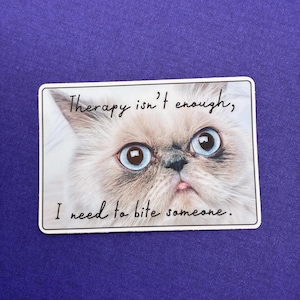 May include: A rectangular sticker with a close-up of a Persian cat's face, featuring large blue eyes and a pink tongue. The text reads, "Therapy isn't enough, I need to bite someone."