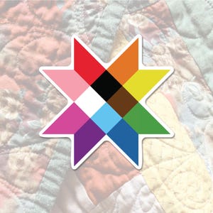 May include: A sticker featuring a colorful starburst design with a white border. The starburst is composed of various colored squares, including red, orange, yellow, green, blue, purple, pink, black, brown, and white. The sticker is placed on a patterned background.