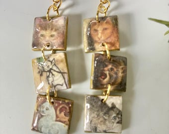 Handmade Medieval Cat Earrings, Weird Medieval Art Dangle Earrings, Renaissance Lover Jewelry