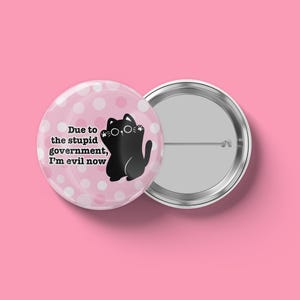 May include: A round, pink button with white polka dots and the text "Due to the stupid government, I'm evil now." A black cat illustration is on the button. The button is next to a silver-colored pin back.