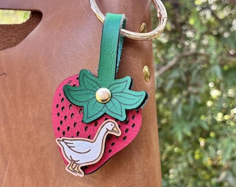 Handmade Strawberry Pin Display Keychain and Bag Charm, Enamel Lapel Pin Holder | Leather  and Vinyl